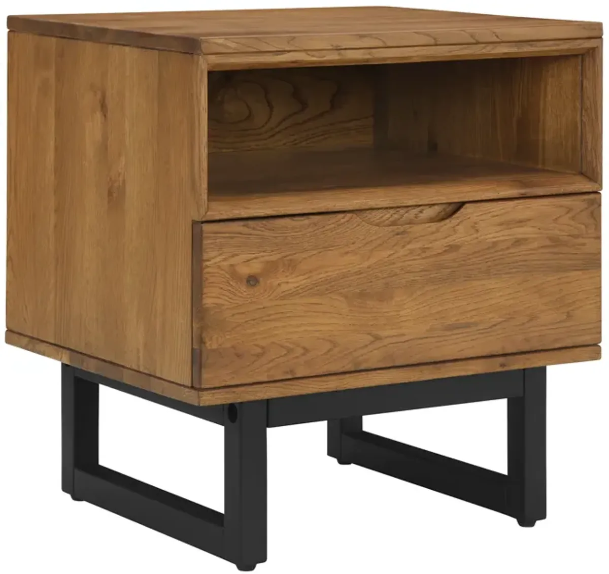 Aldo 1 Drawer Nightstand in Brown Oak Wood with Black Metal Legs