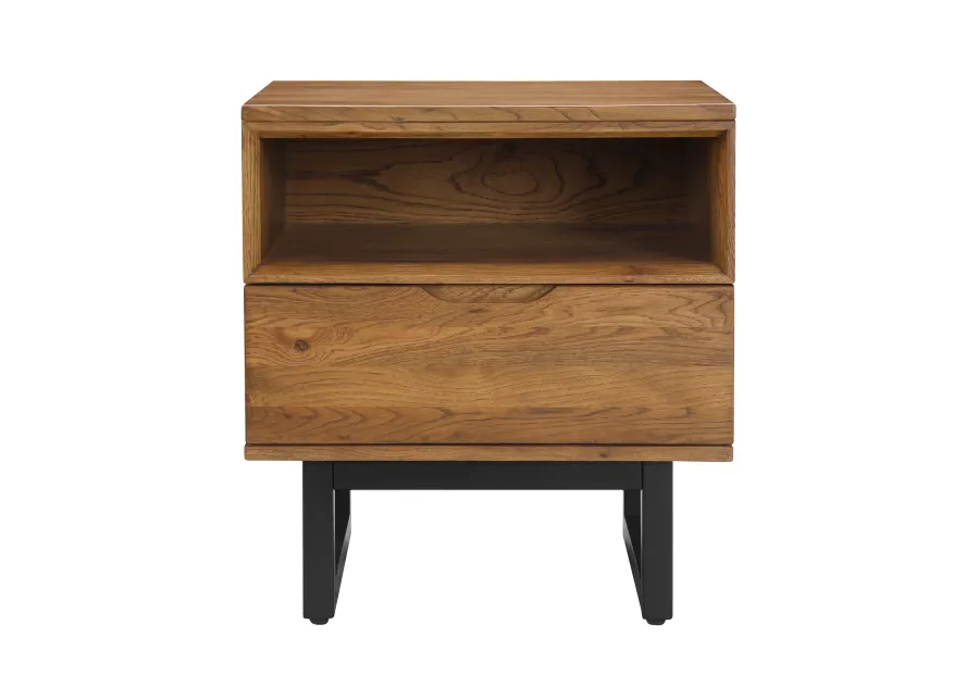 Aldo 1 Drawer Nightstand in Brown Oak Wood with Black Metal Legs