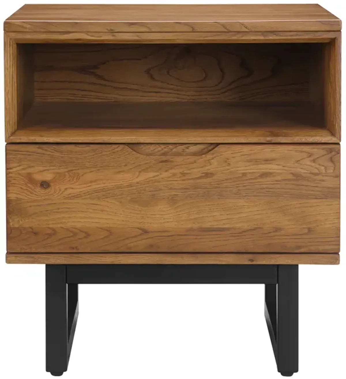 Aldo 1 Drawer Nightstand in Brown Oak Wood with Black Metal Legs