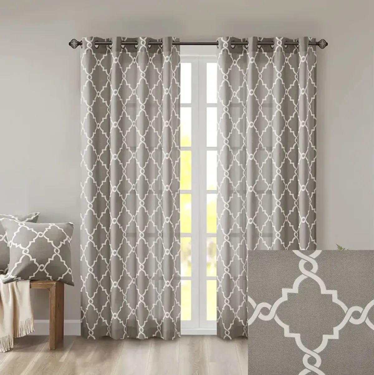 Madison Park Saratoga Grey/White Fretwork Print Grommet Top Window Curtain Panel