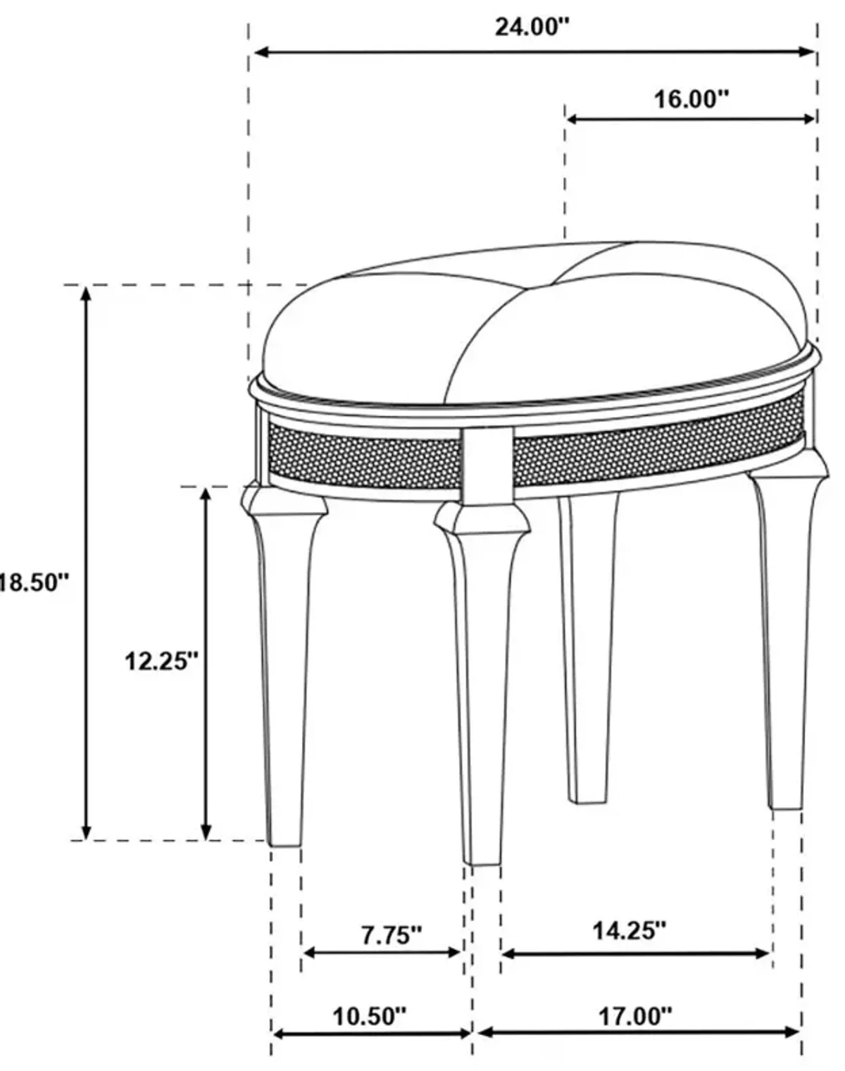 Evangeline Oval Vanity Stool with Faux Diamond Trim Silver and Ivory