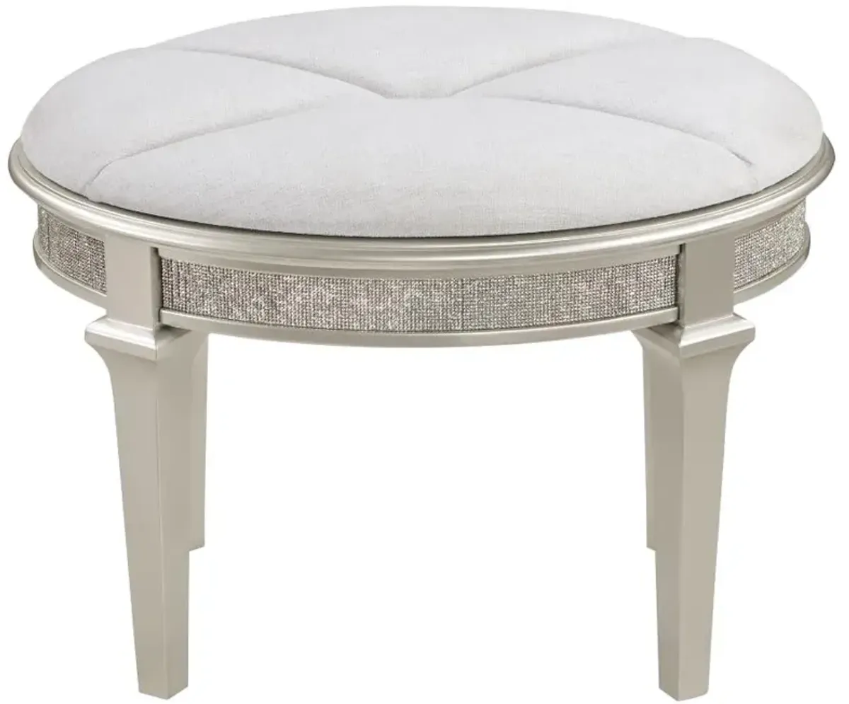 Evangeline Oval Vanity Stool with Faux Diamond Trim Silver and Ivory