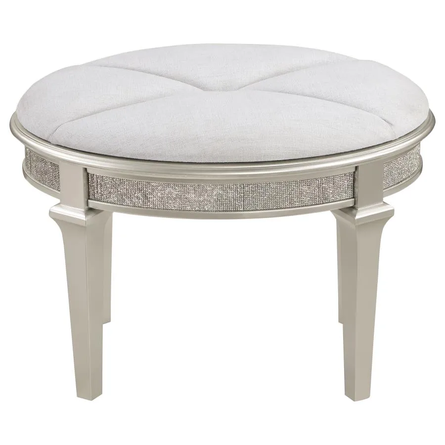 Evangeline Oval Vanity Stool with Faux Diamond Trim Silver and Ivory