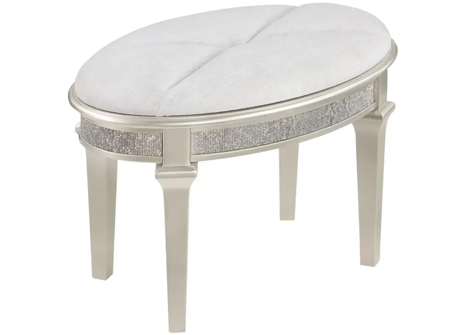 Evangeline Oval Vanity Stool with Faux Diamond Trim Silver and Ivory