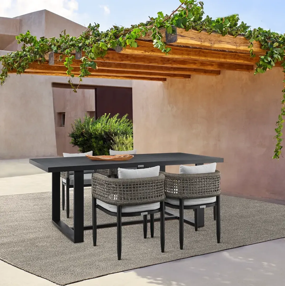 Alegria Outdoor Patio 5-Piece Dining Table Set in Aluminum with Grey Rope and Cushions