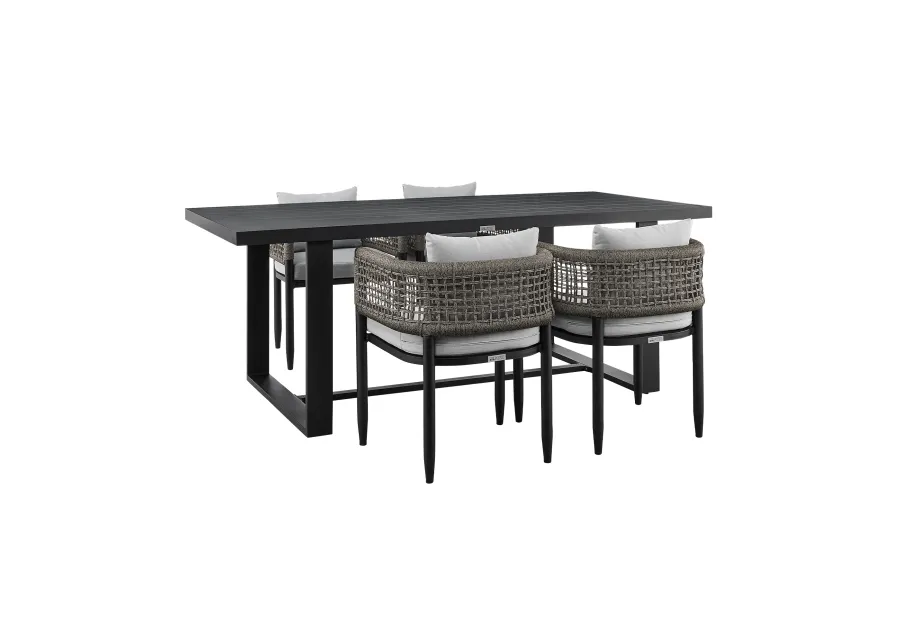 Alegria Outdoor Patio 5-Piece Dining Table Set in Aluminum with Grey Rope and Cushions