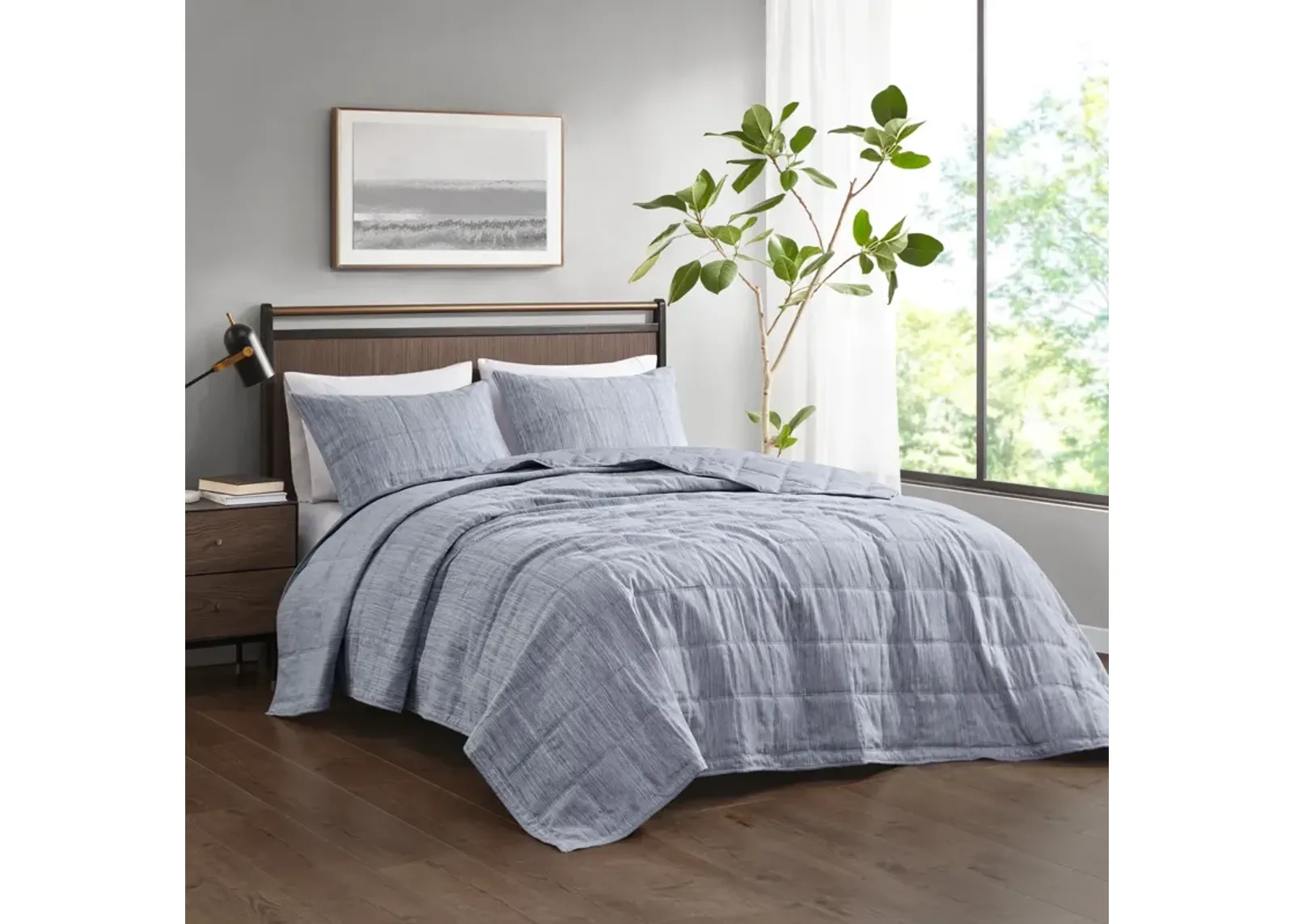 Beautyrest Guthrie Blue 3 Piece Striated Cationic Dyed Oversized Quilt Set