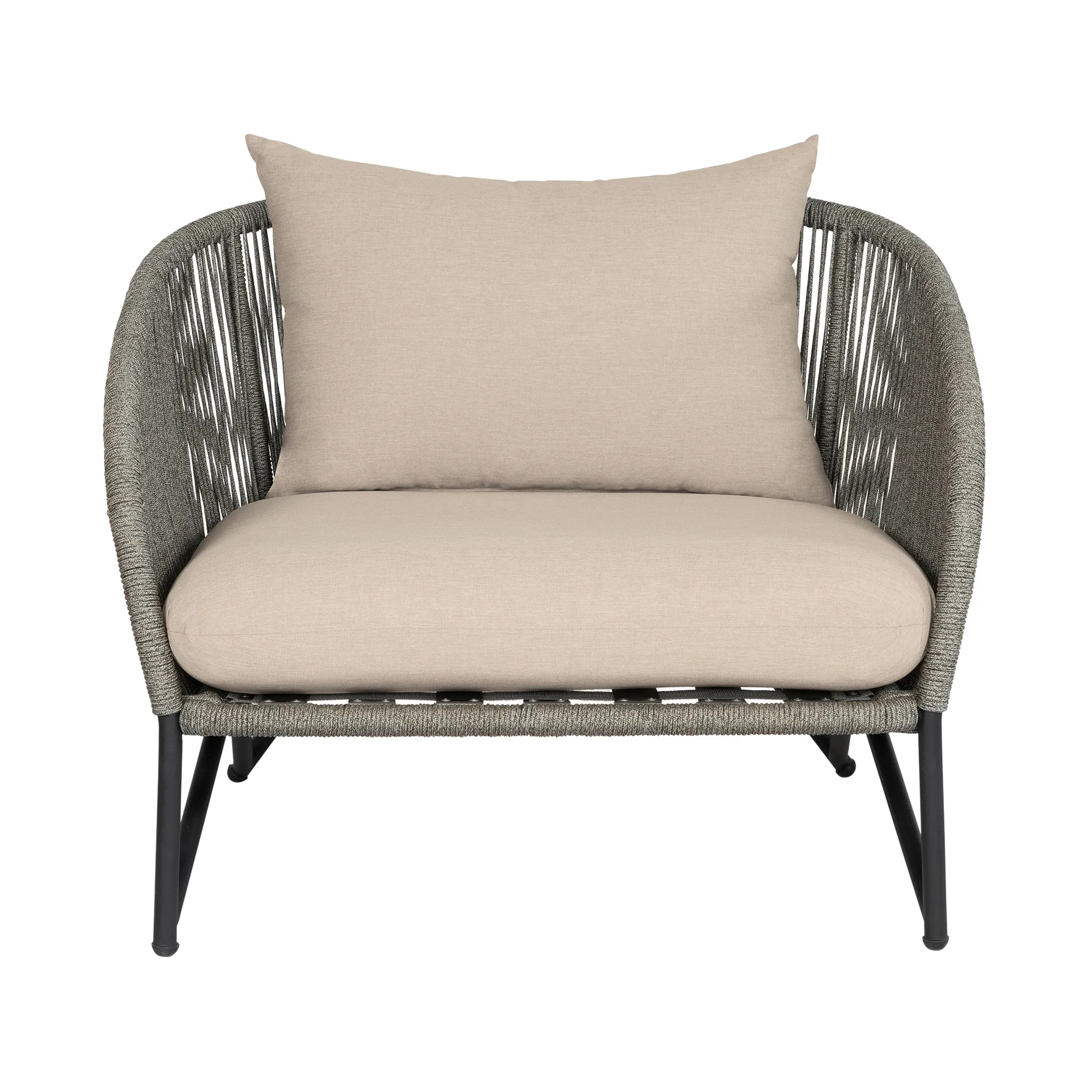 Benicia Outdoor Patio Chair in Black Steel with Gray Rope and Taupe Olefin Cushions