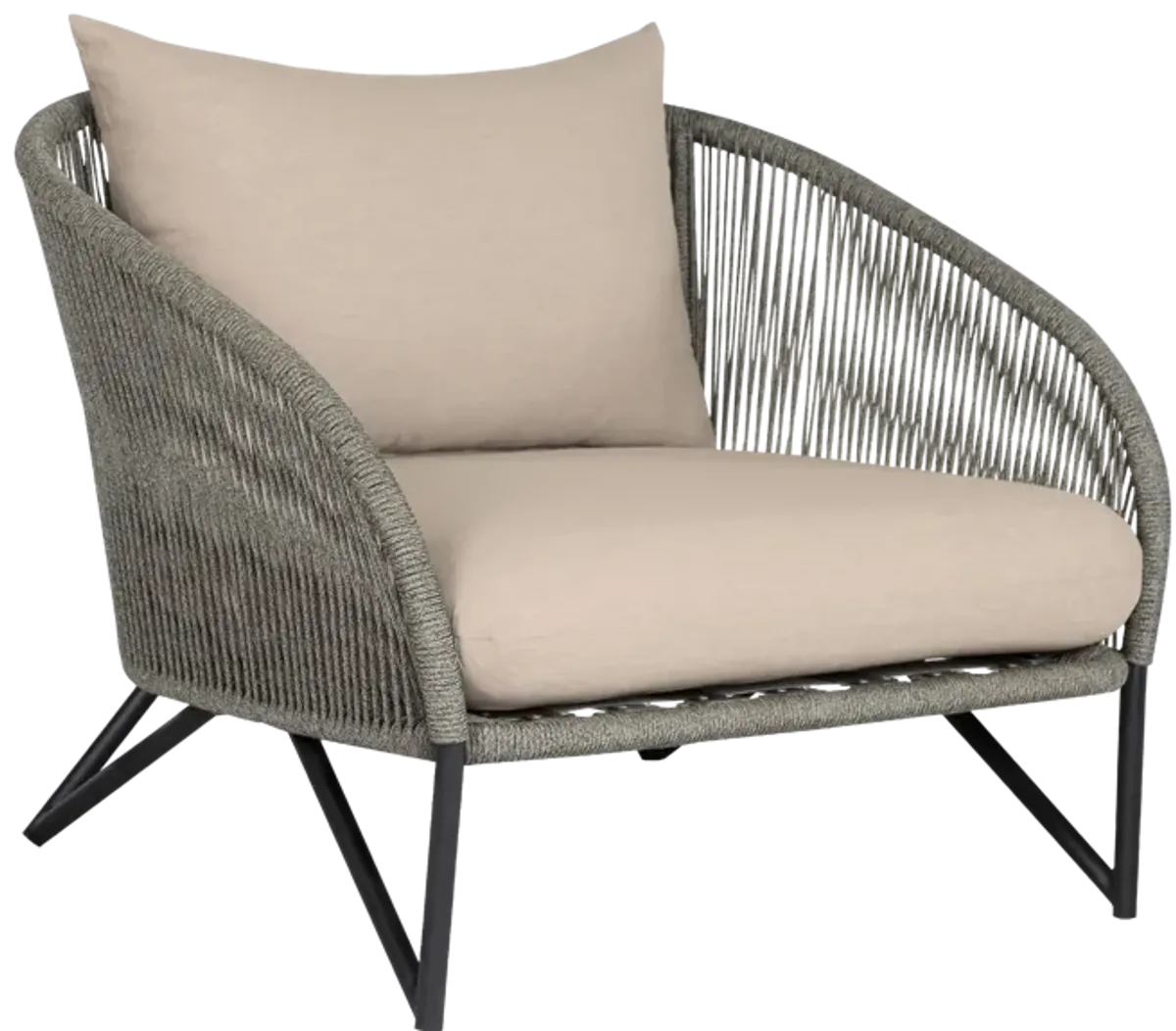 Benicia Outdoor Patio Chair in Black Steel with Gray Rope and Taupe Olefin Cushions