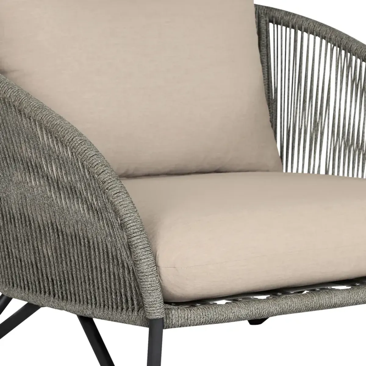 Benicia Outdoor Patio Chair in Black Steel with Gray Rope and Taupe Olefin Cushions