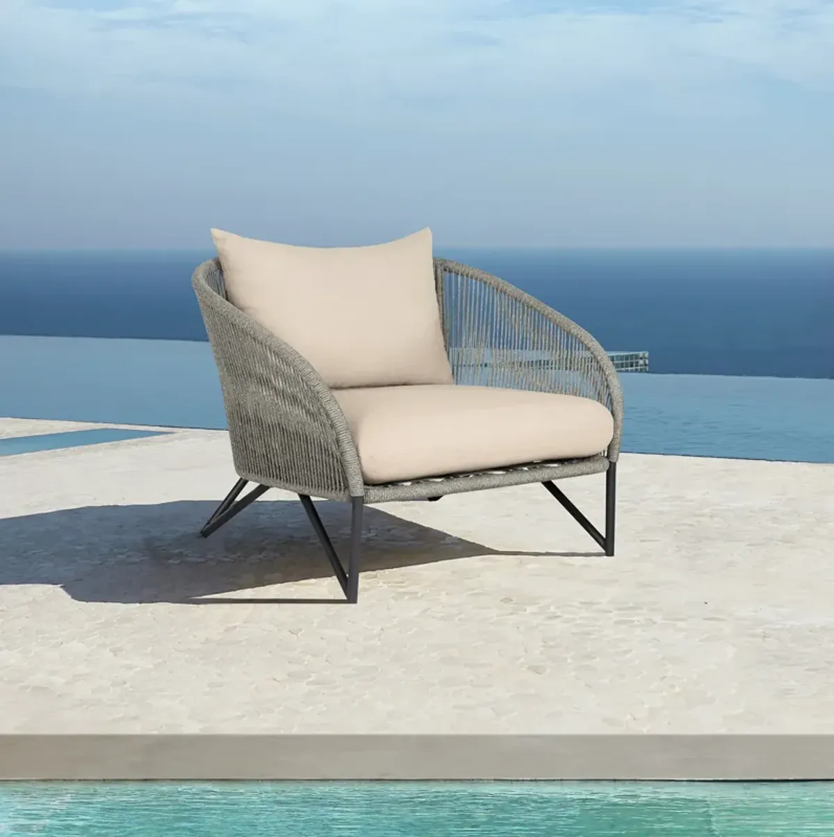 Benicia Outdoor Patio Chair in Black Steel with Gray Rope and Taupe Olefin Cushions