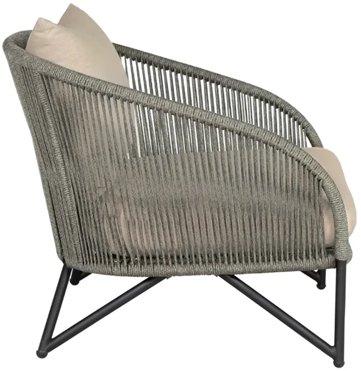 Benicia Outdoor Patio Chair in Black Steel with Gray Rope and Taupe Olefin Cushions