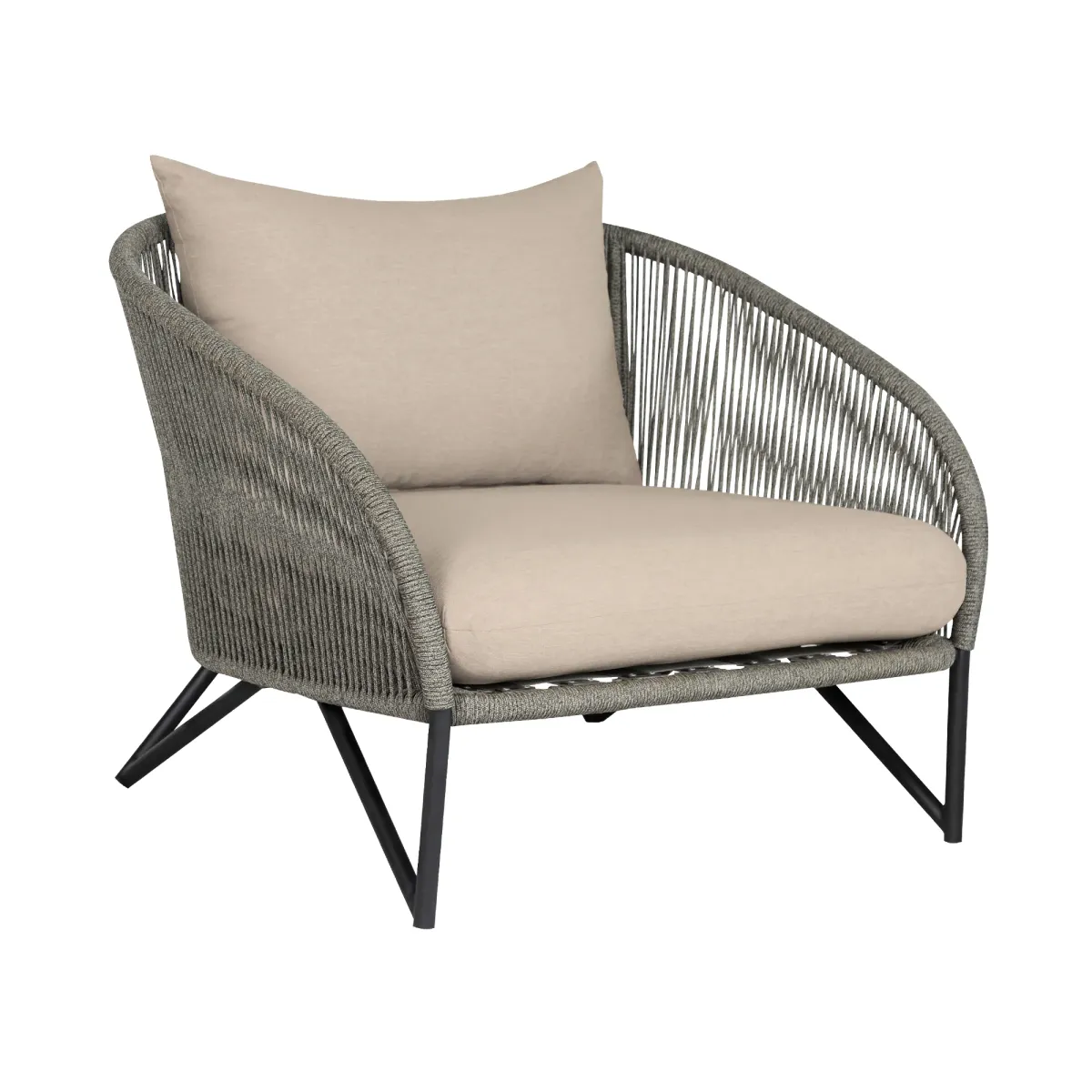 Benicia Outdoor Patio Chair in Black Steel with Gray Rope and Taupe Olefin Cushions