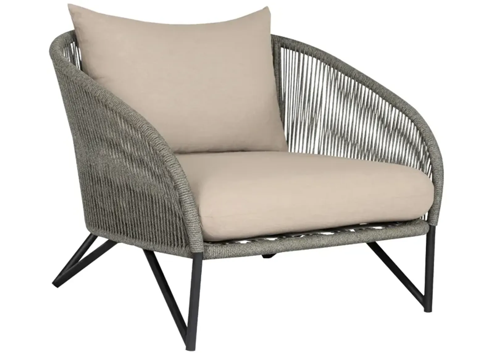 Benicia Outdoor Patio Chair in Black Steel with Gray Rope and Taupe Olefin Cushions