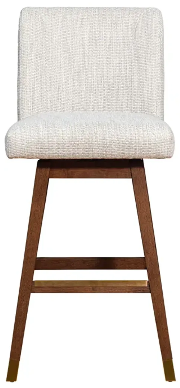 Basila Swivel Bar Stool In Brown Oak Wood Finish With Beige Fabric