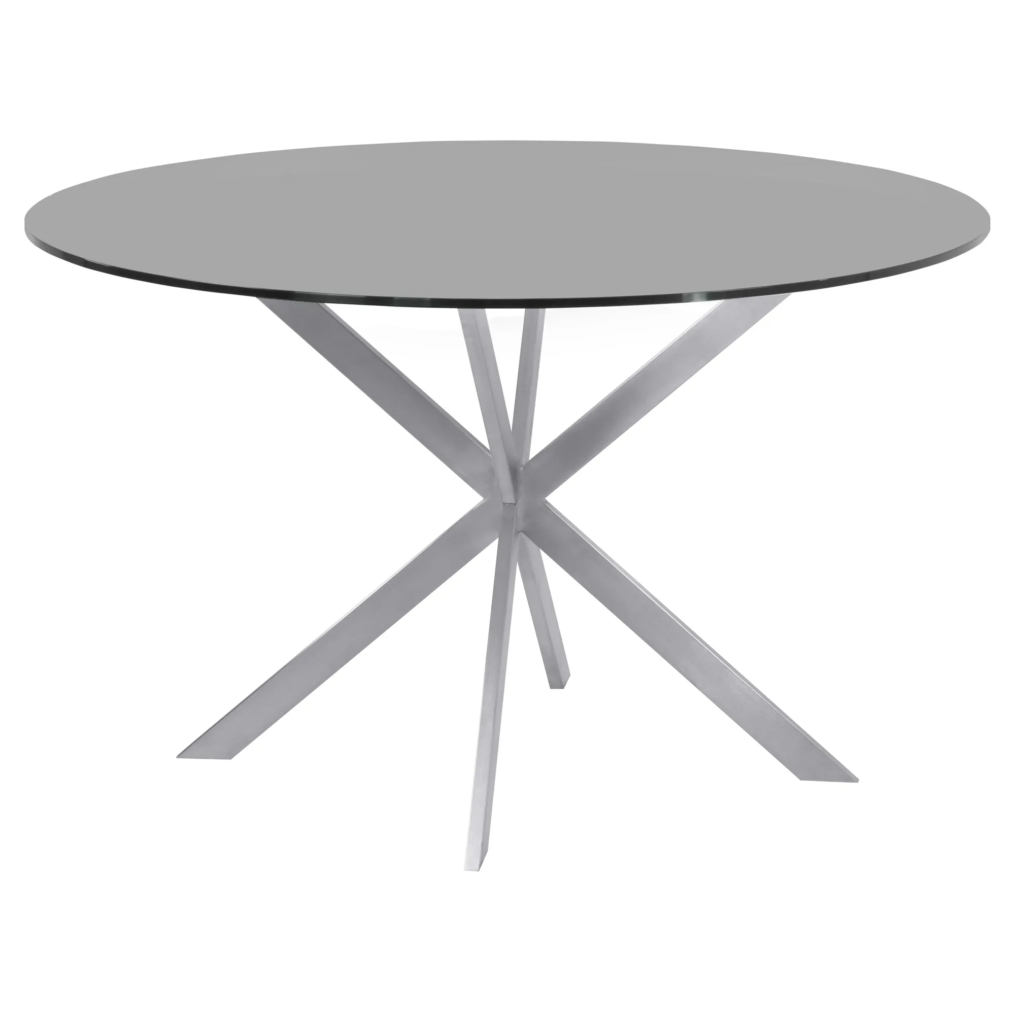 Mystere Round Dining Table in Brushed Stainless Steel with Gray Tempered Glass Top