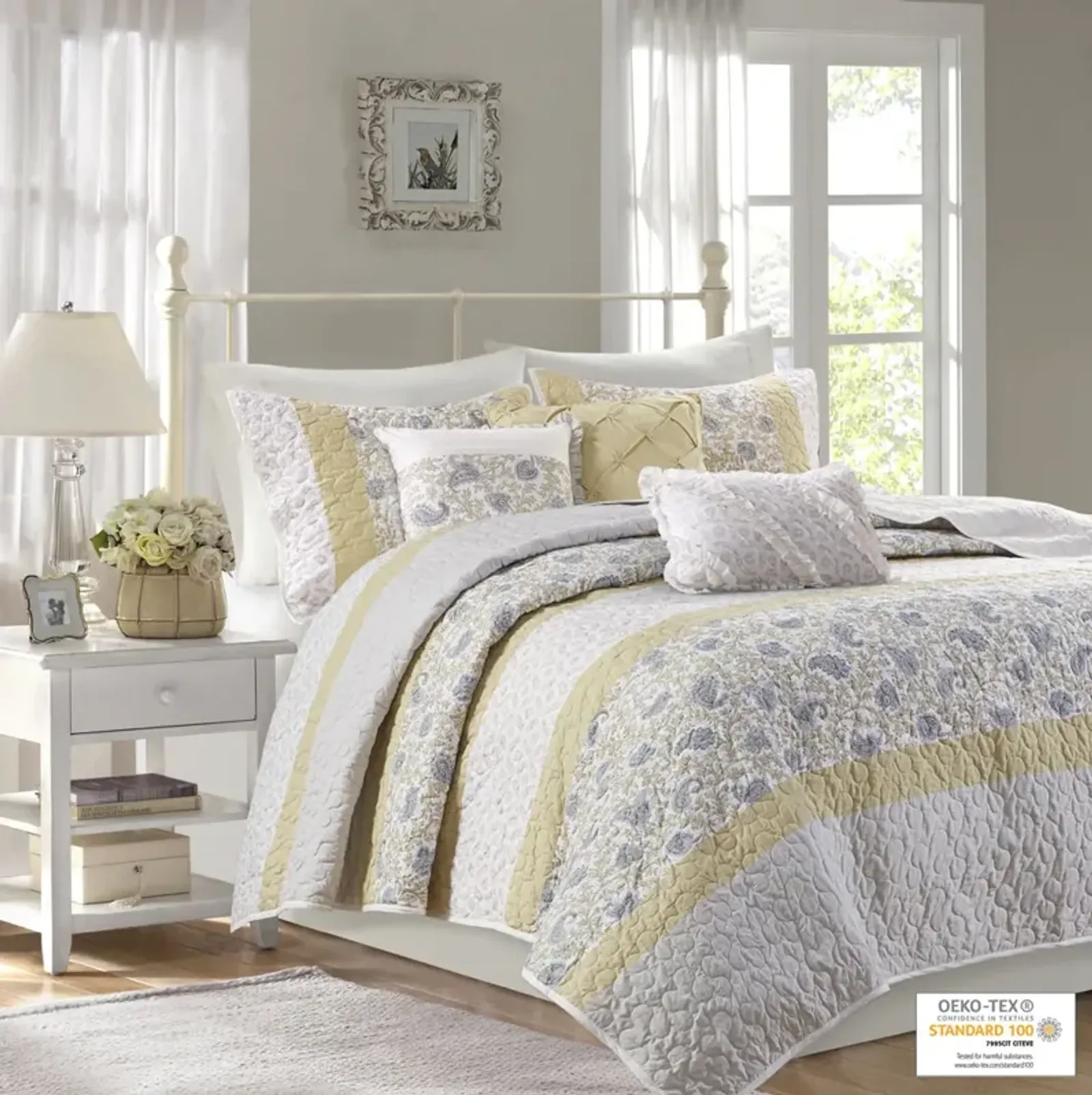 Madison Park Dawn Yellow 6 Piece Cotton Percale Quilt Set with Throw Pillows