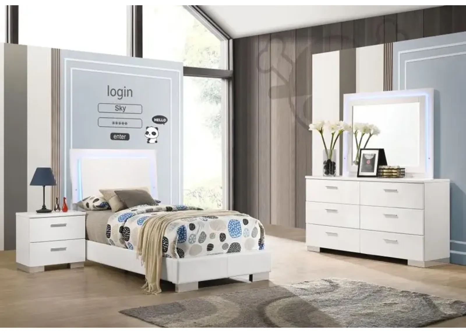 Felicity 4-piece Twin Bedroom Set with LED Headboard and Mirror Glossy White