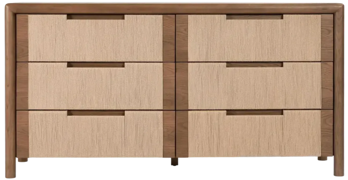 Corda Oak Wood 6-Drawer Dresser in Two-Tone Brown