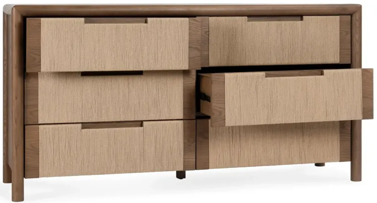 Corda Oak Wood 6-Drawer Dresser in Two-Tone Brown