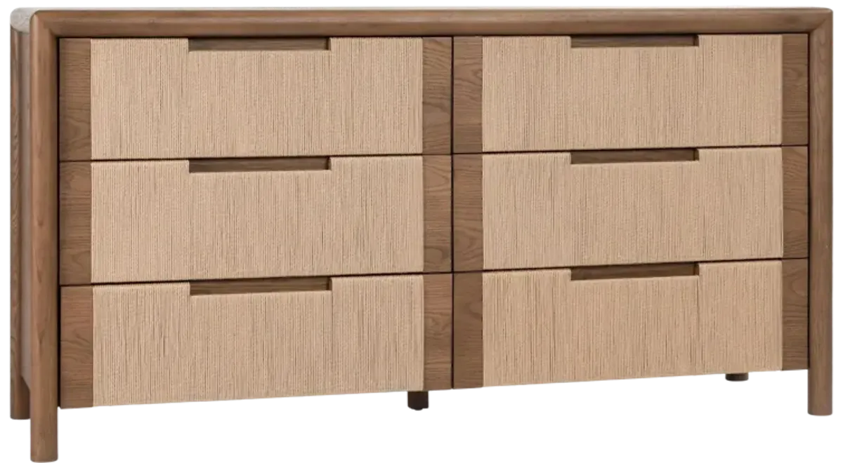 Corda Oak Wood 6-Drawer Dresser in Two-Tone Brown