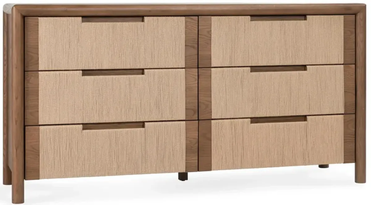 Corda Oak Wood 6-Drawer Dresser in Two-Tone Brown