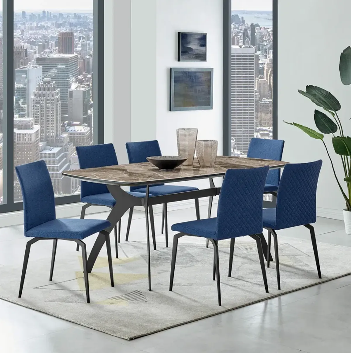 Lyon Blue Fabric and Metal Dining Room Chairs - Set of 2