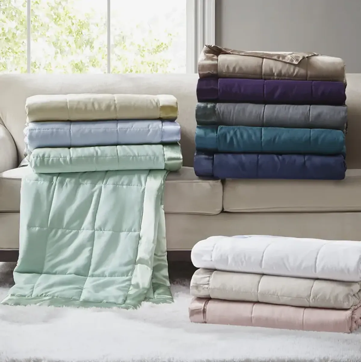 Madison Park Windom Seafoam Lightweight Down Alternative Blanket with Satin Trim