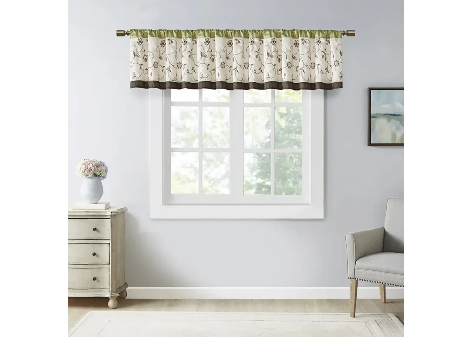 Madison Park Serene Green Embroidered Window Valance