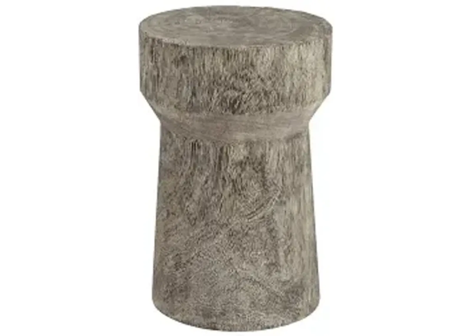 curved wood stool, thick , gray stone, gray stone