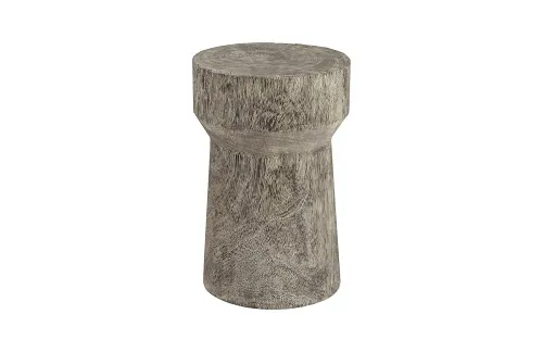 curved wood stool, thick , gray stone, gray stone