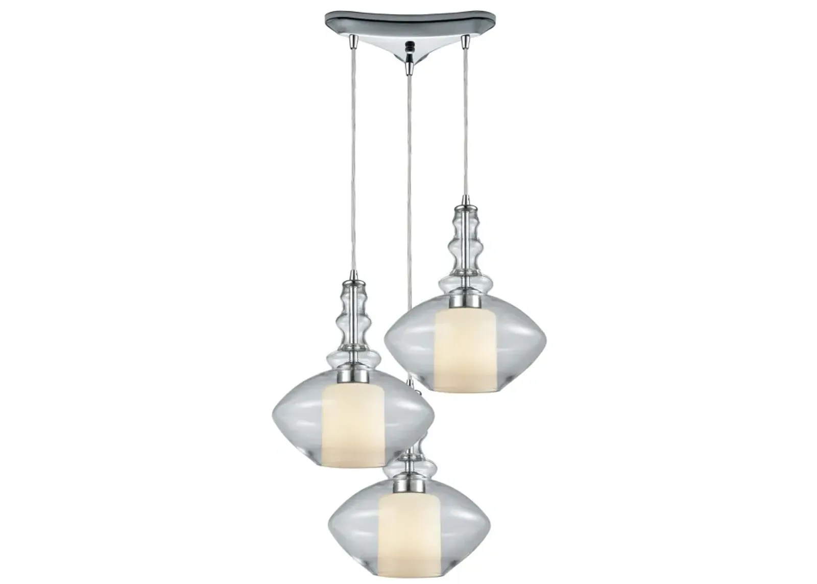 Alora 3-Light Triangular Pendant Fixture in Chrome with Clear and Opal White Glass