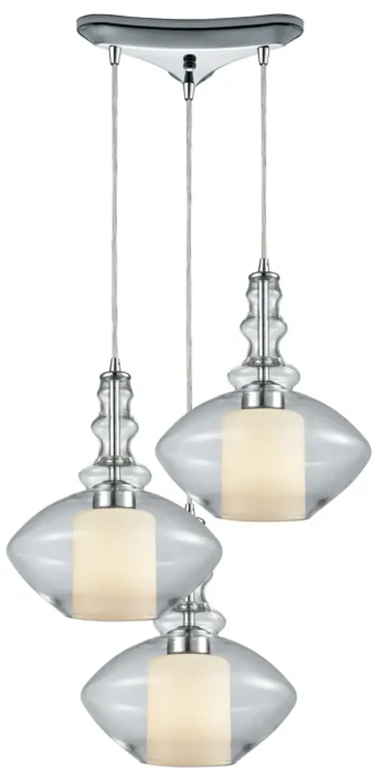 Alora 3-Light Triangular Pendant Fixture in Chrome with Clear and Opal White Glass