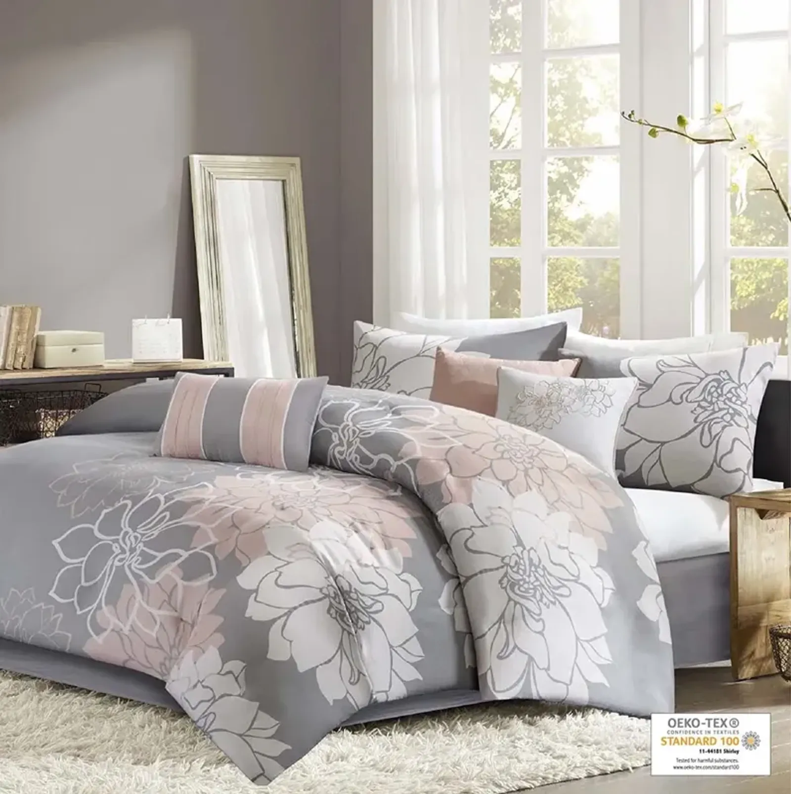 Madison Park Lola Grey/Peach Comforter Set