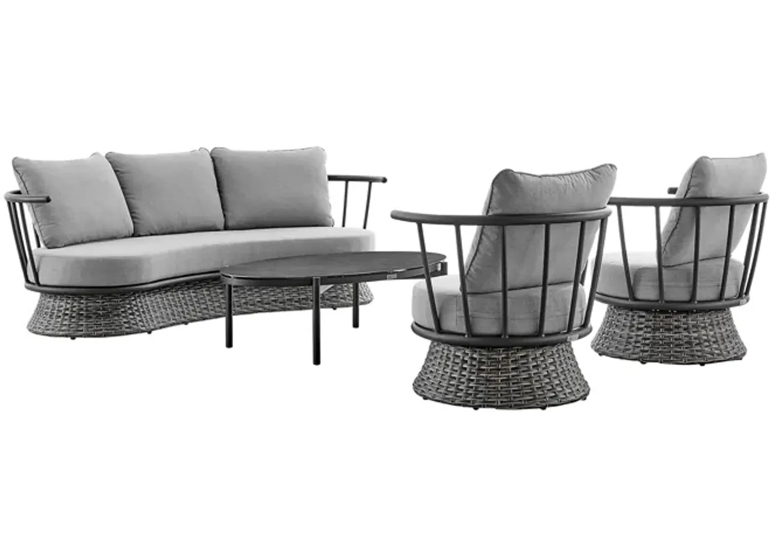 Monk 4 Piece Outdoor Patio Furniture Set in Black Aluminum and Gray Wicker with Gray Cushions