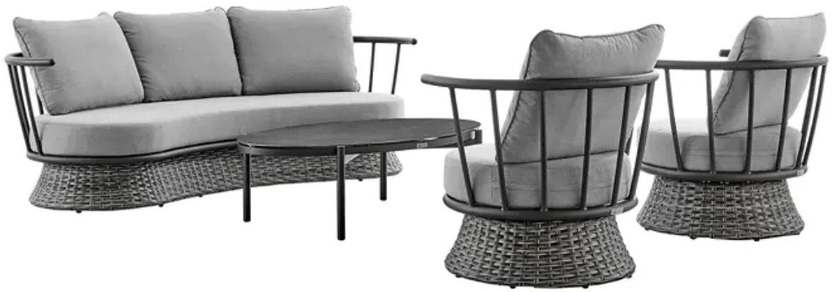 Monk 4 Piece Outdoor Patio Furniture Set in Black Aluminum and Gray Wicker with Gray Cushions