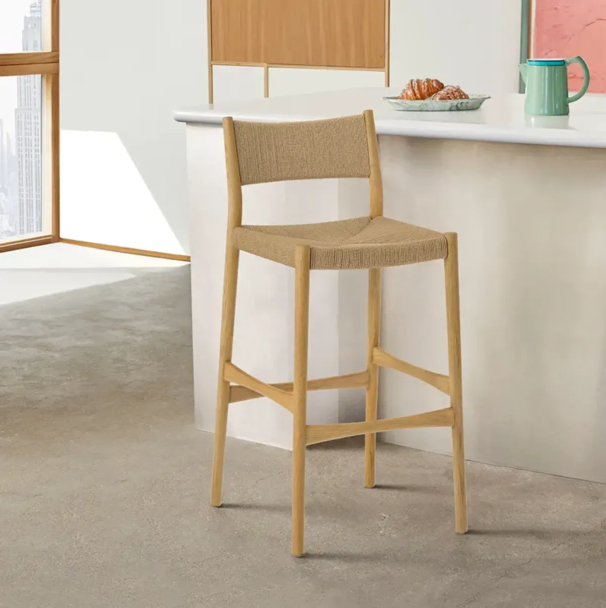 Erie Woven Paper Cord and Oak Wood Counter Stool