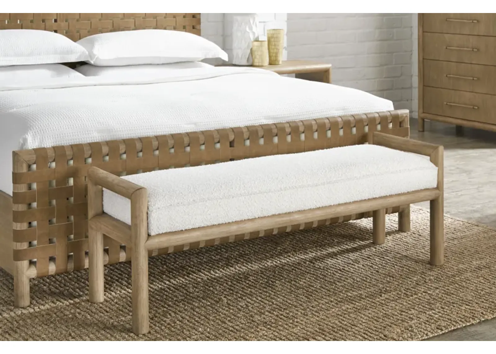 Dorsey Boucle Upholstered Wooden Bench in Granola and Ricotta