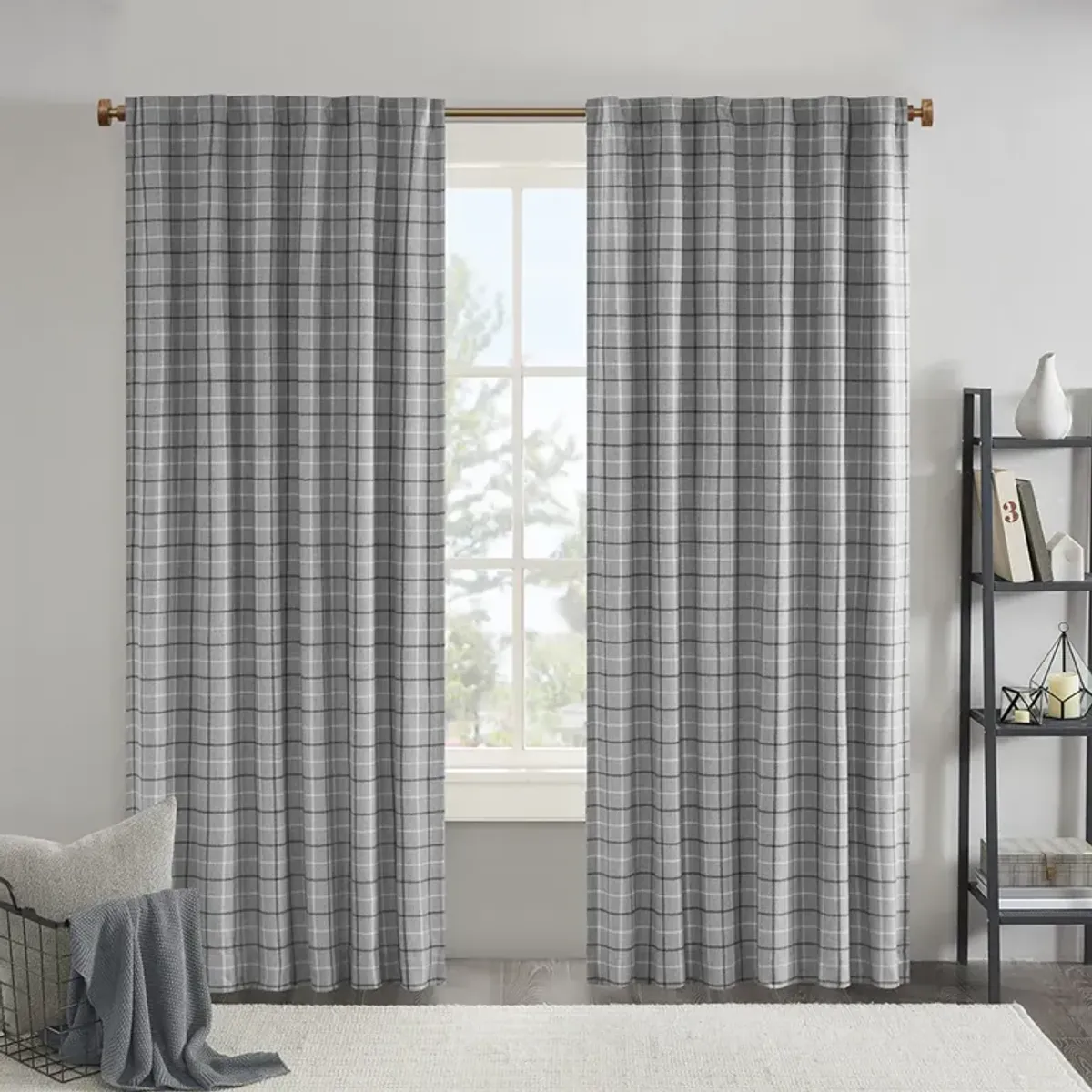 Plaid Rod Pocket and Back Tab Curtain Panel with Fleece Lining