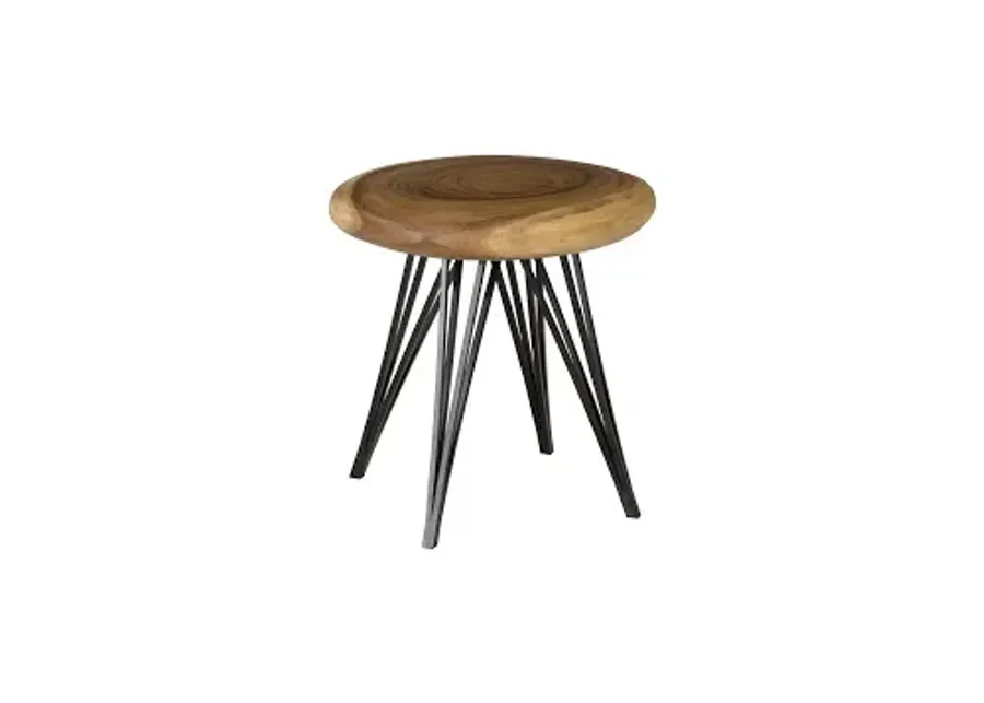 string stool on black metal legs, chamcha wood, natural