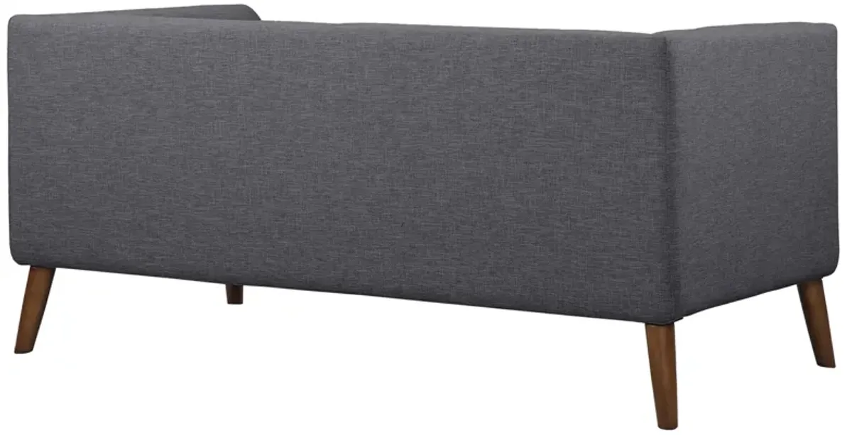 Hudson Mid-Century Button-Tufted Loveseat in Dark Gray Linen and Walnut Legs