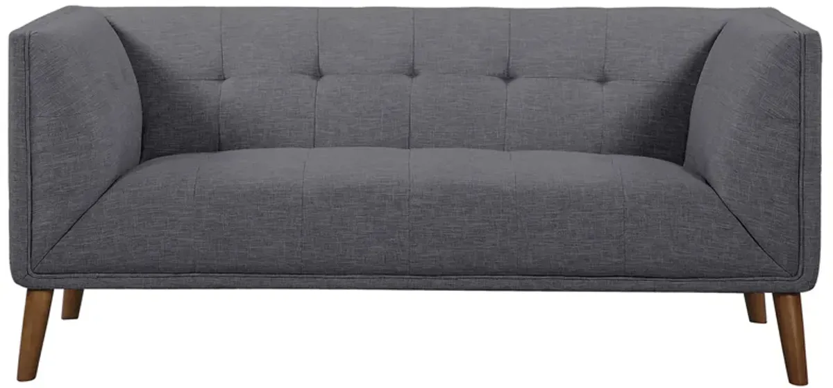 Hudson Mid-Century Button-Tufted Loveseat in Dark Gray Linen and Walnut Legs