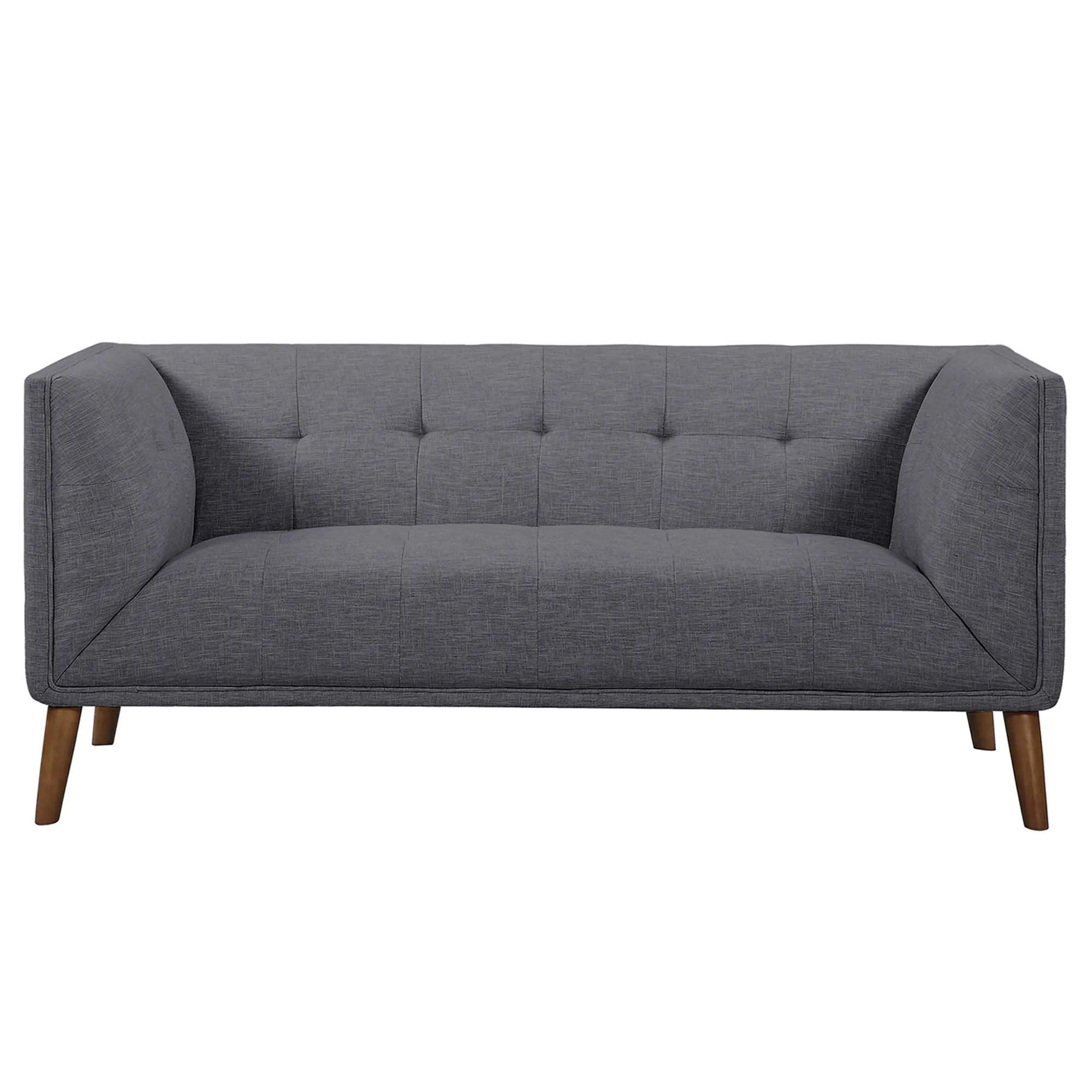 Hudson Mid-Century Button-Tufted Loveseat in Dark Gray Linen and Walnut Legs