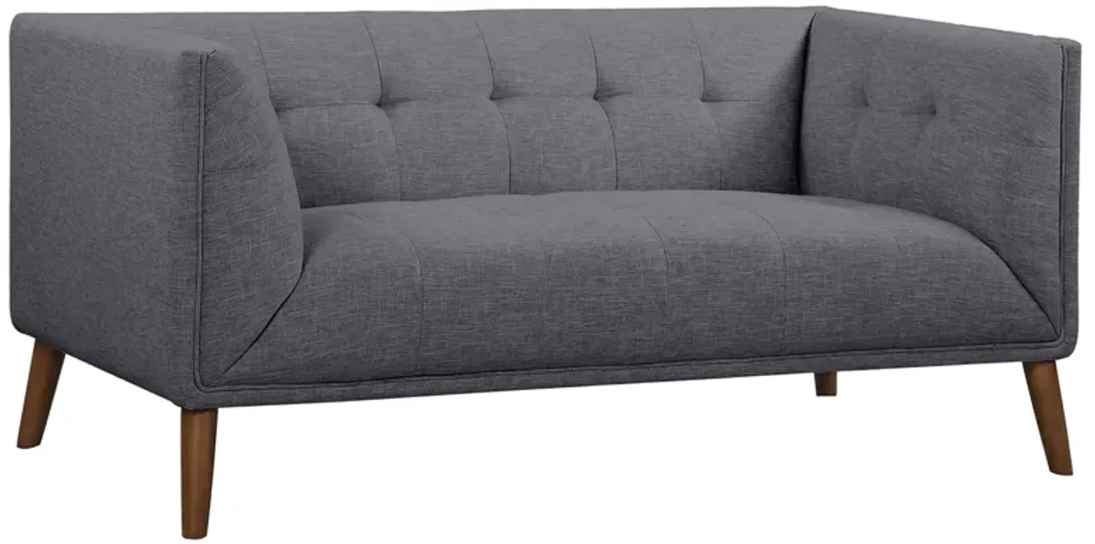 Hudson Mid-Century Button-Tufted Loveseat in Dark Gray Linen and Walnut Legs