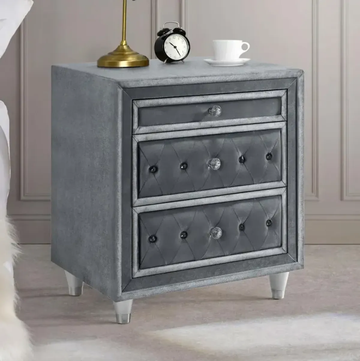 Antonella 3-drawer Upholstered Nightstand Grey