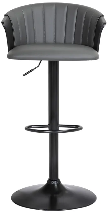 Lydia Adjustable Black Wood Bar Stool in Gray Faux Leather with Black Metal