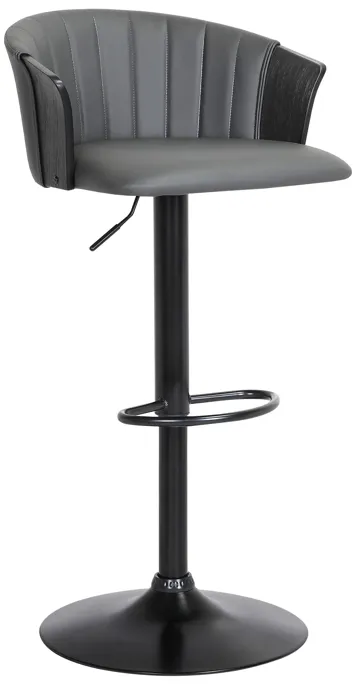 Lydia Adjustable Black Wood Bar Stool in Gray Faux Leather with Black Metal