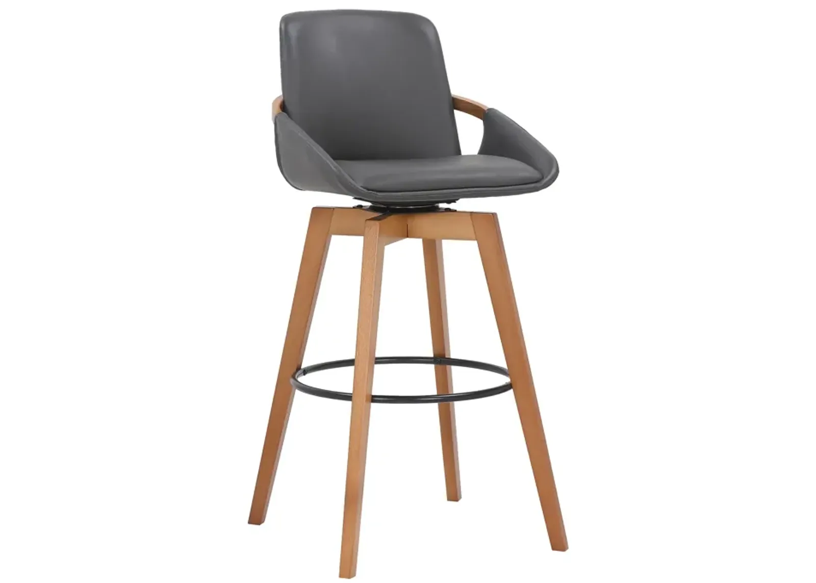 Baylor 30" Gray Faux Leather and Walnut Wood Swivel Bar Stool