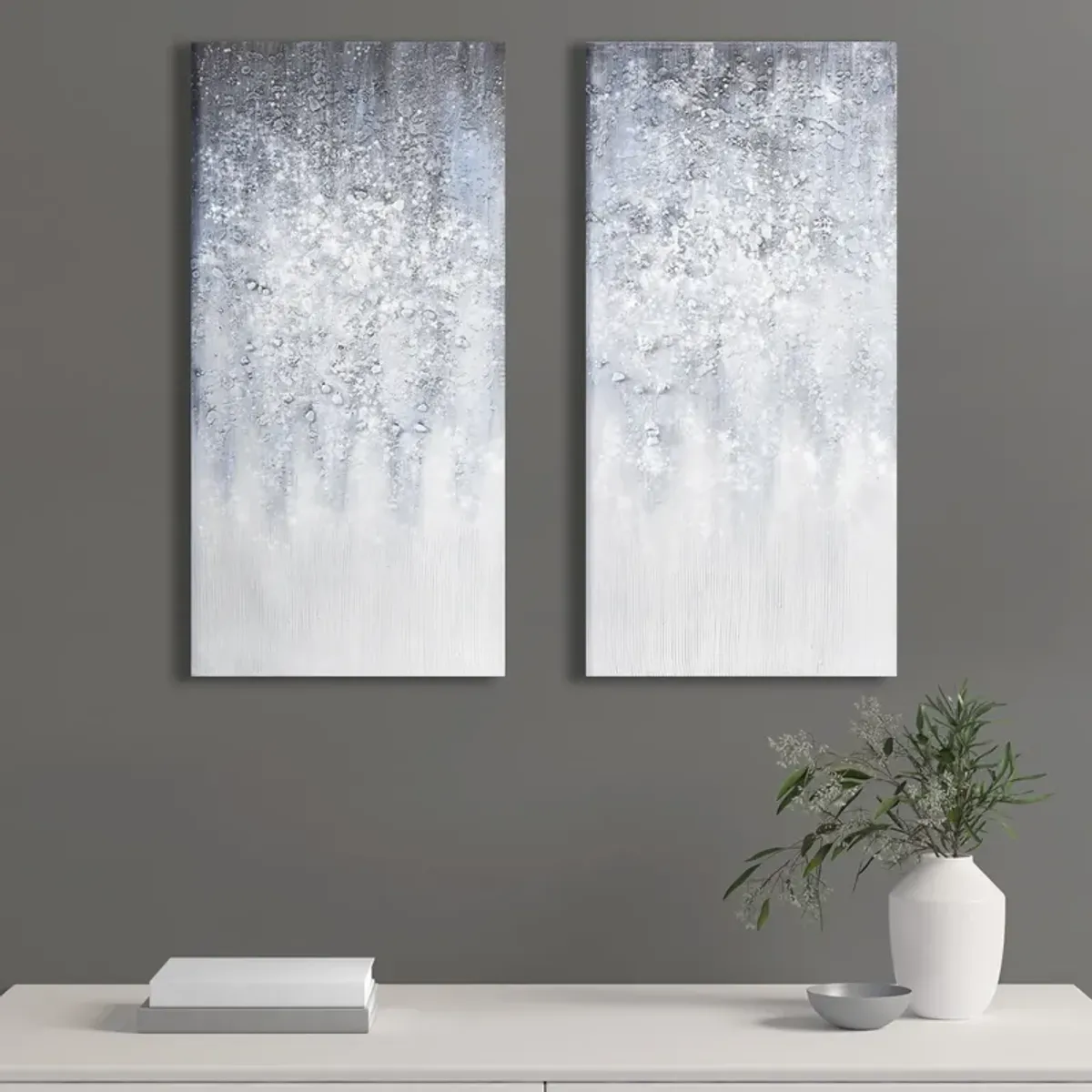 Madison Park Winter Glaze Blue/White Heavily Embellished 2-piece Canvas Wall Art Set