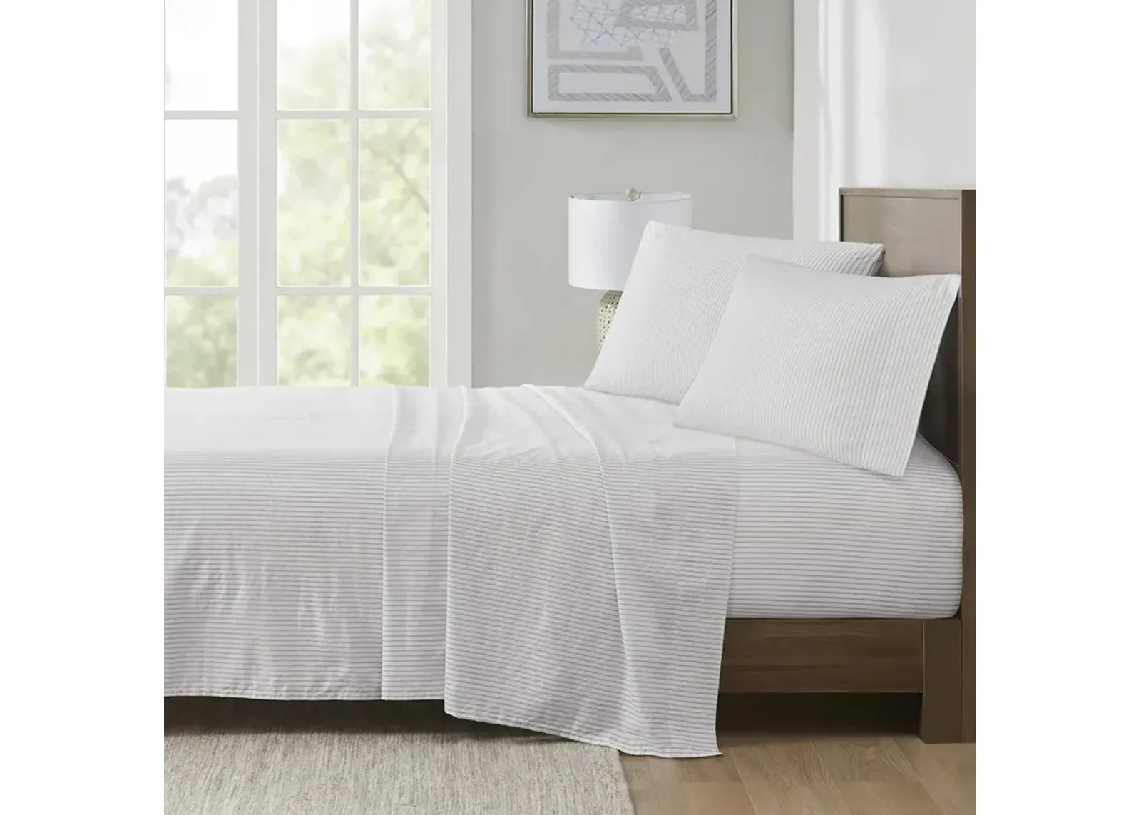 Madison Park Essentials 200 Thread Count Printed Cotton Grey Stripe Sheet Set